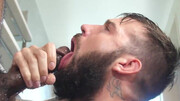 Bearded man sucks cock naked at the shower and gets anal drilled in intense interracial