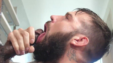 Bearded man sucks cock naked at the shower and gets anal drilled in intense interracial