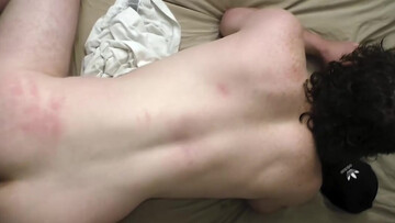 Curly male gets taped when he shoves full inches in that greedy ass
