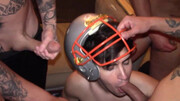 Football-themed orgy with amateur guys getting throated