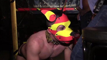 Male slave enjoys rough anal at the pub with multiple partners