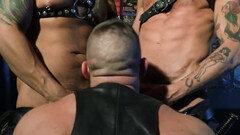 Caged male endures harsh maledom sex with his dirty masters