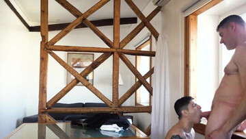 Naked guy moans with cock hammering him from behind and sperm creaming his face