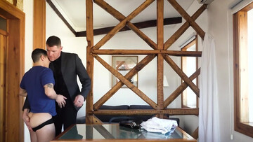 Naked guy moans with cock hammering him from behind and sperm creaming his face