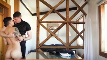 Naked guy moans with cock hammering him from behind and sperm creaming his face