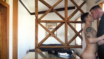 Naked guy moans with cock hammering him from behind and sperm creaming his face