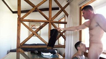 Naked guy moans with cock hammering him from behind and sperm creaming his face