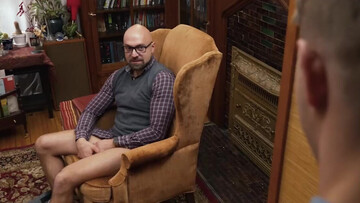 Needy twink jerks his professor's huge cock for better grades