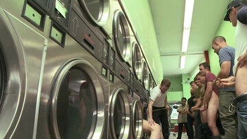 Clothed guys ass fuck the same gay slut in a dirty gangbang in public