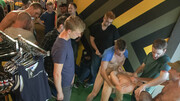 Naked bloke plays obedient for multiple partners in dirty gangbang fetishes