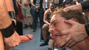 Public Pride Parade humiliation for a BDSM super-sub