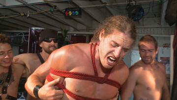 Strangers watch him get zapped before the savage gangbang