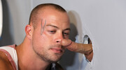 Inked male tries glory hole bareback anal with a random man