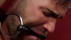 Gagged male lead to the edge during merciless bondage wanking