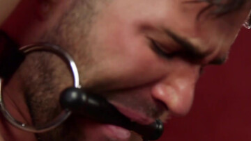 Gagged male lead to the edge during merciless bondage wanking