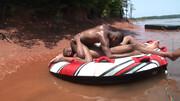 Erotic gay sex by the lake between black hunks with huge dicks