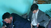Men in suits blow each other before trying intense gay sex