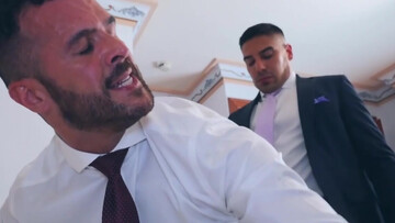 Clothed men fuck in a hotel room until the sperm begins to flow on their lips