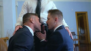 Appealing men in sexy suits are enjoying the best gay threesome