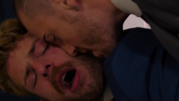 Classy men in suits fuck on the couch until the sperm drops on their shirts