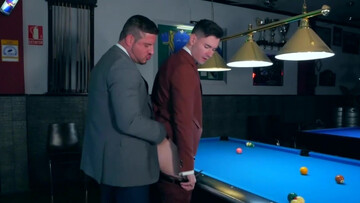 Appealing men in sexy suits fuck by the pool table
