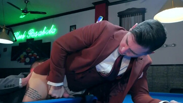 Appealing men in sexy suits fuck by the pool table