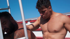 Flaming DILFs fuck a twink in sunny threesome scenes and come on his face