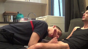 Appealing boys use the couch to fulfill their lust for blowjob together