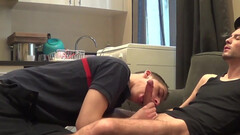 Appealing boys use the couch to fulfill their lust for blowjob together
