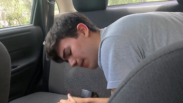 Brunette twink bends over to get fucked in the backseat