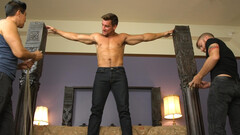 Naked male slave lets horny master fool around with his dick in loud bondage