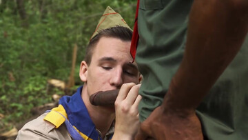 Black drill sergeant fucks white scout in the ass during their wood adventure