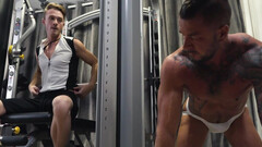Erotic gay threesome at the gym during a naughty mix of perversions