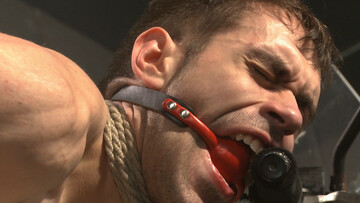 Gagged man sits restrained in roped and endures anal in merciless positions