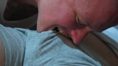 Gagged man craves more as his master licks his ass and jerks his dick
