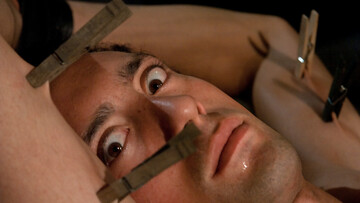 Hairy male gets clamped and roughly fucked in bondage scenes until exhaustion