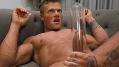 Smashing blokes fuck in naughty couch scenes and release the sperm on one another