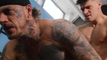 Inked lover feels supreme with the huge cock fully pounding his tight ass