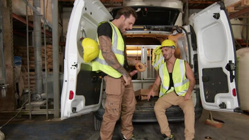 Horny co-workers fuck in the back of the van until they come