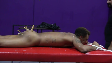 Sub with a tight ass gets clothespins all over his taint