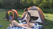 Tent pole fuck with two twinks sucking and fucking outside