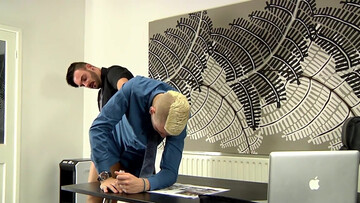 Tight blonde bloke enjoys sex on the desk with one of his colleagues