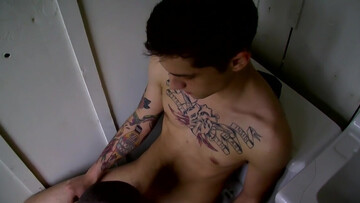 Inked bloke fucks boyfriend with a condom after he gives him insane blowjob