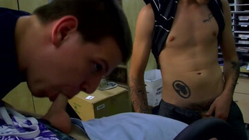 Creamy oral threesome for a clothed lad with dirty desires