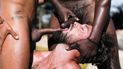 Black bulls share white guy for surreal outdoor anal perversions