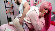 Cutie in a pink wig gets that femboy ass fucked