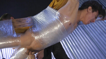 Wrapped in foil and granted extreme handjob, this male slave begs for anal