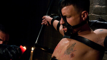 Naked male gets restrained and roughly stimulates in generous maledom