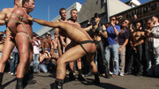 Folsom Street showcase with a helpless bound hunk