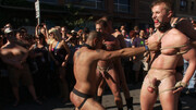 Folsom Street showcase with a helpless bound hunk